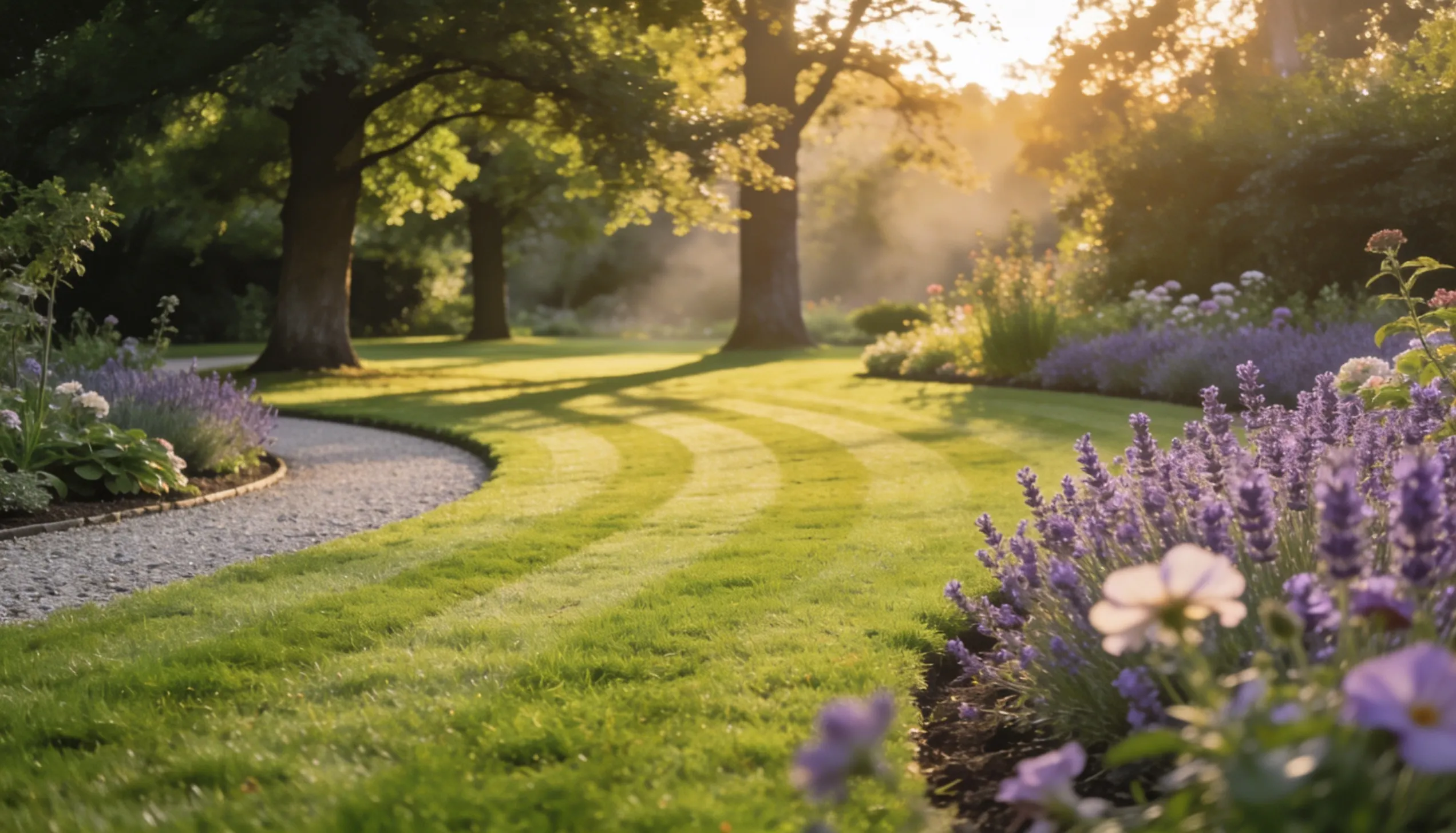 Gepflegter Garten mit frisch gemähtem Rasen, Lavendelbeeten und Kiesweg im Abendlicht